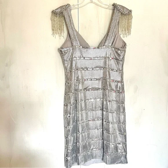 162. BASIX Black Label Silver Metallic Cochella Style Mini Dress •2 - Picture 10 of 16